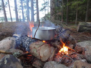 Feuer und Kochtopf darauf im Wald